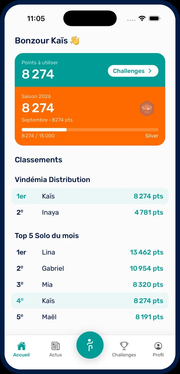 Écran d'accueil de l'application MOOVAOU : points à utiliser, points de saison et classements