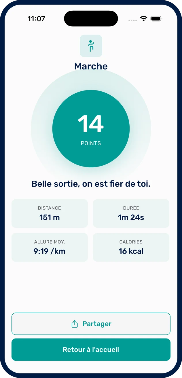 Écran de fin d'activité de l'application MOOVAOU : points gagnés, distance, durée, allure et calories