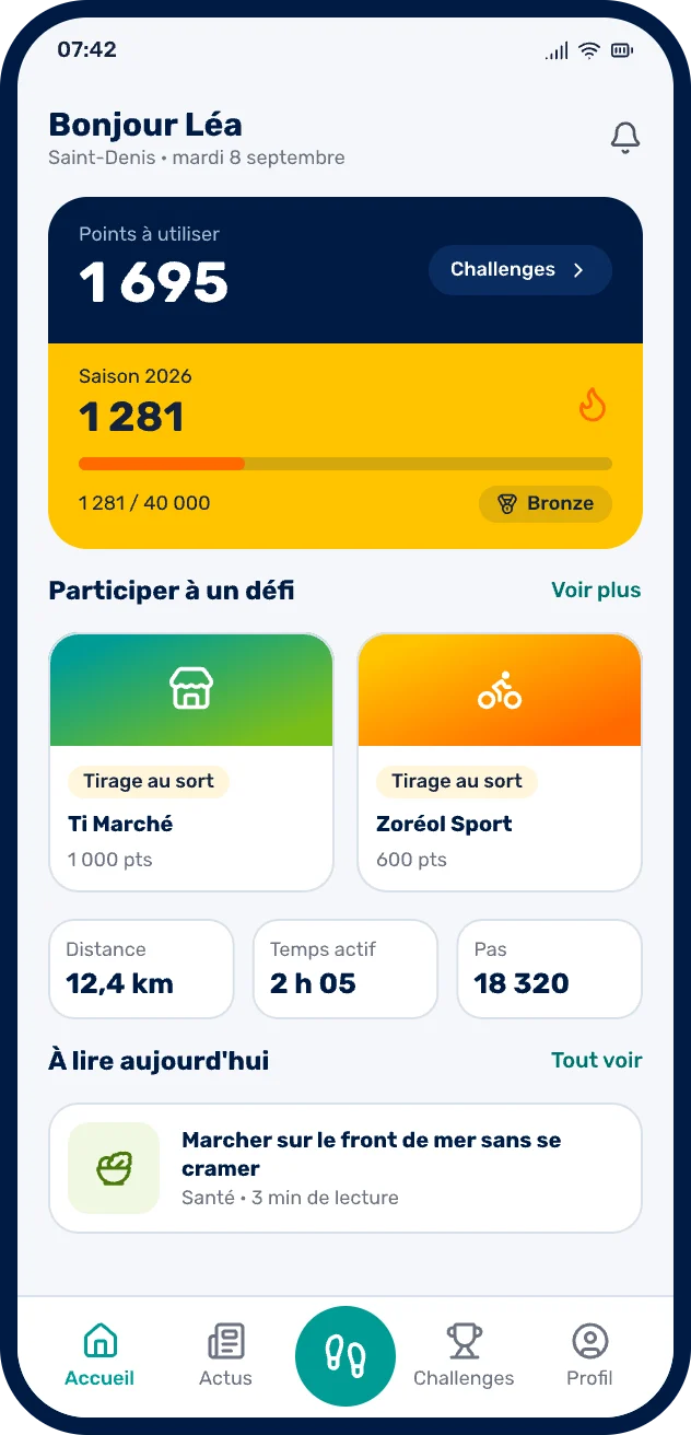 Écran d'accueil de l'application MOOVAOU : points à utiliser, saison en cours et défis