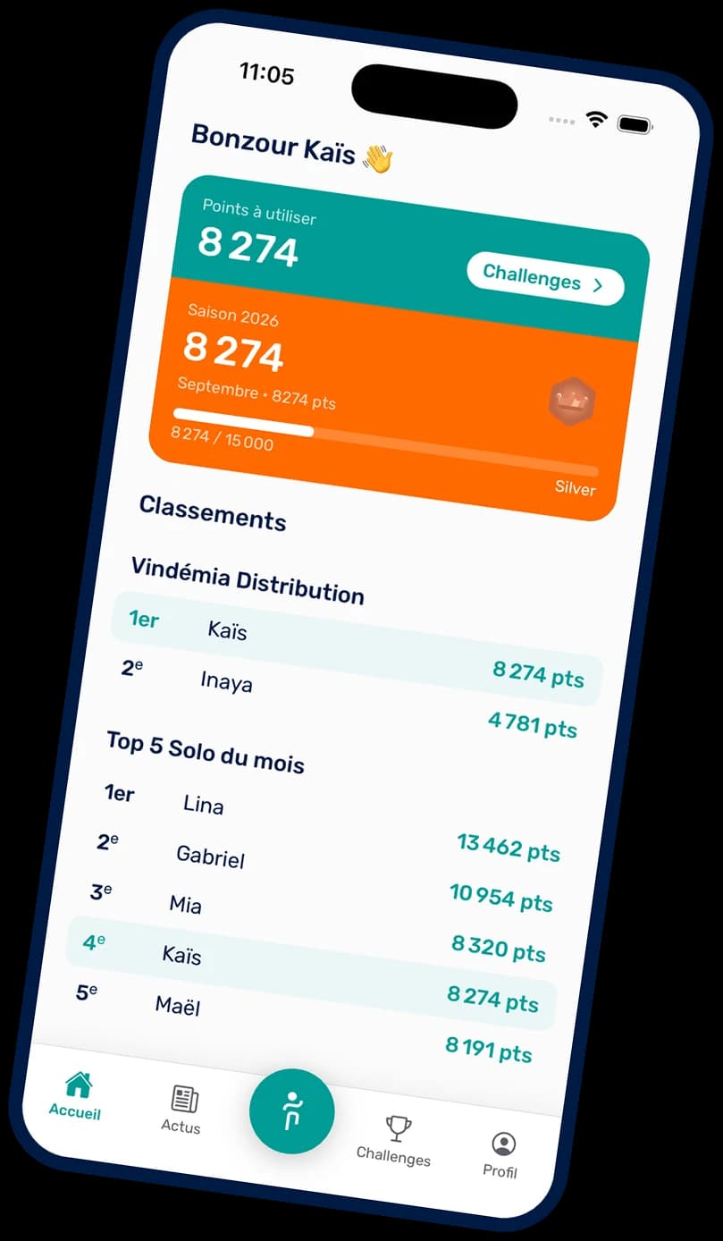 Écran d'accueil de l'application MOOVAOU : points à utiliser, points de saison et classements