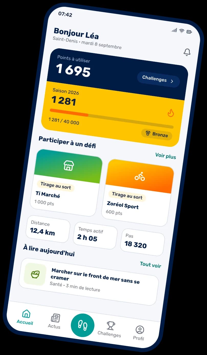 Écran d'accueil de l'application MOOVAOU : points à utiliser, saison en cours et défis