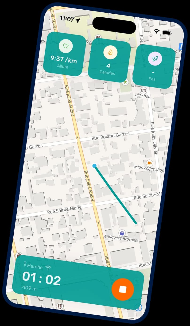 Écran de l'application MOOVAOU pendant une activité : carte du trajet, allure, calories et chronomètre