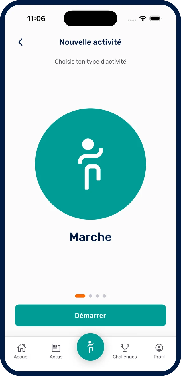 Écran de l'application MOOVAOU pour lancer une activité : marche, course ou vélo