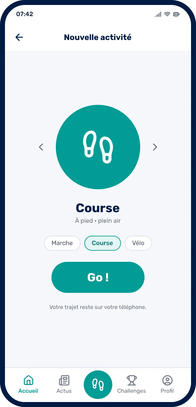 Écran de l'application MOOVAOU pour lancer une activité : marche, course ou vélo