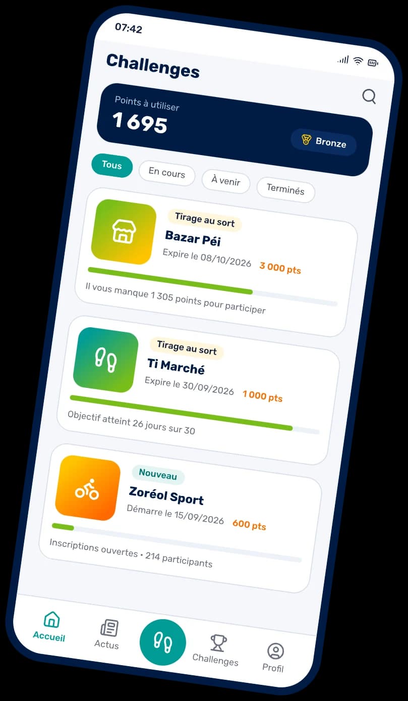 Écran des défis de l'application MOOVAOU : défis des enseignes à jouer avec ses points